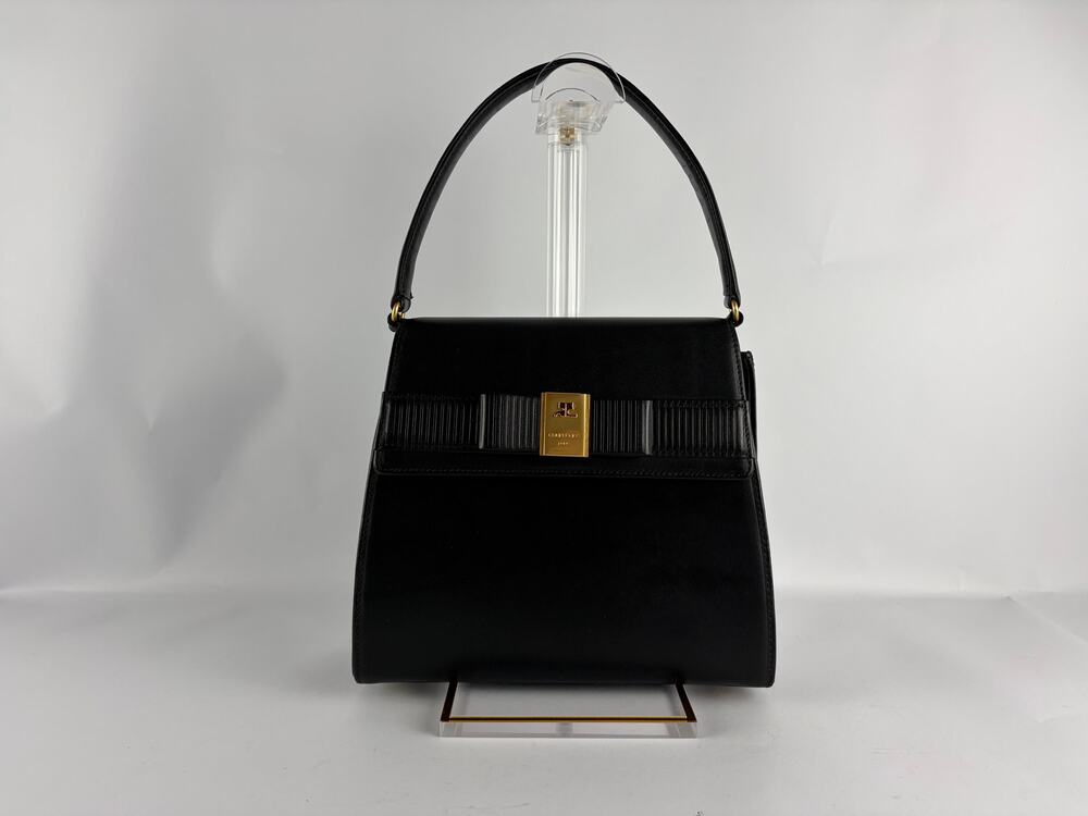 Courreges Paris Black Leather Top Handle Bag Pleated Bow Gold AC Logo